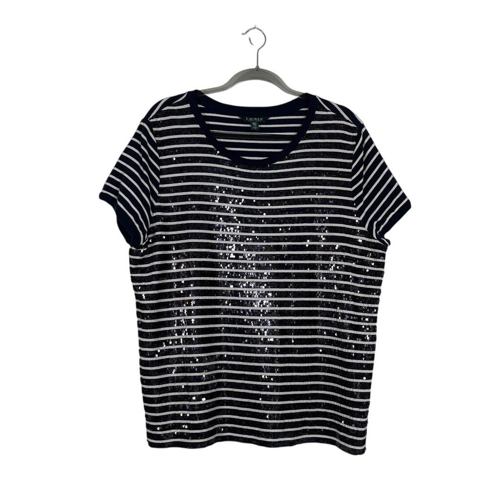 Lauren Ralph Lauren Sequin Navy White Striped Short Sleeve Tee Size XXL Nautical